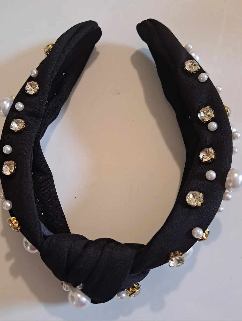 Black Faux Pearl & Rhinestone Knotted Headband - Wide, Solid Color